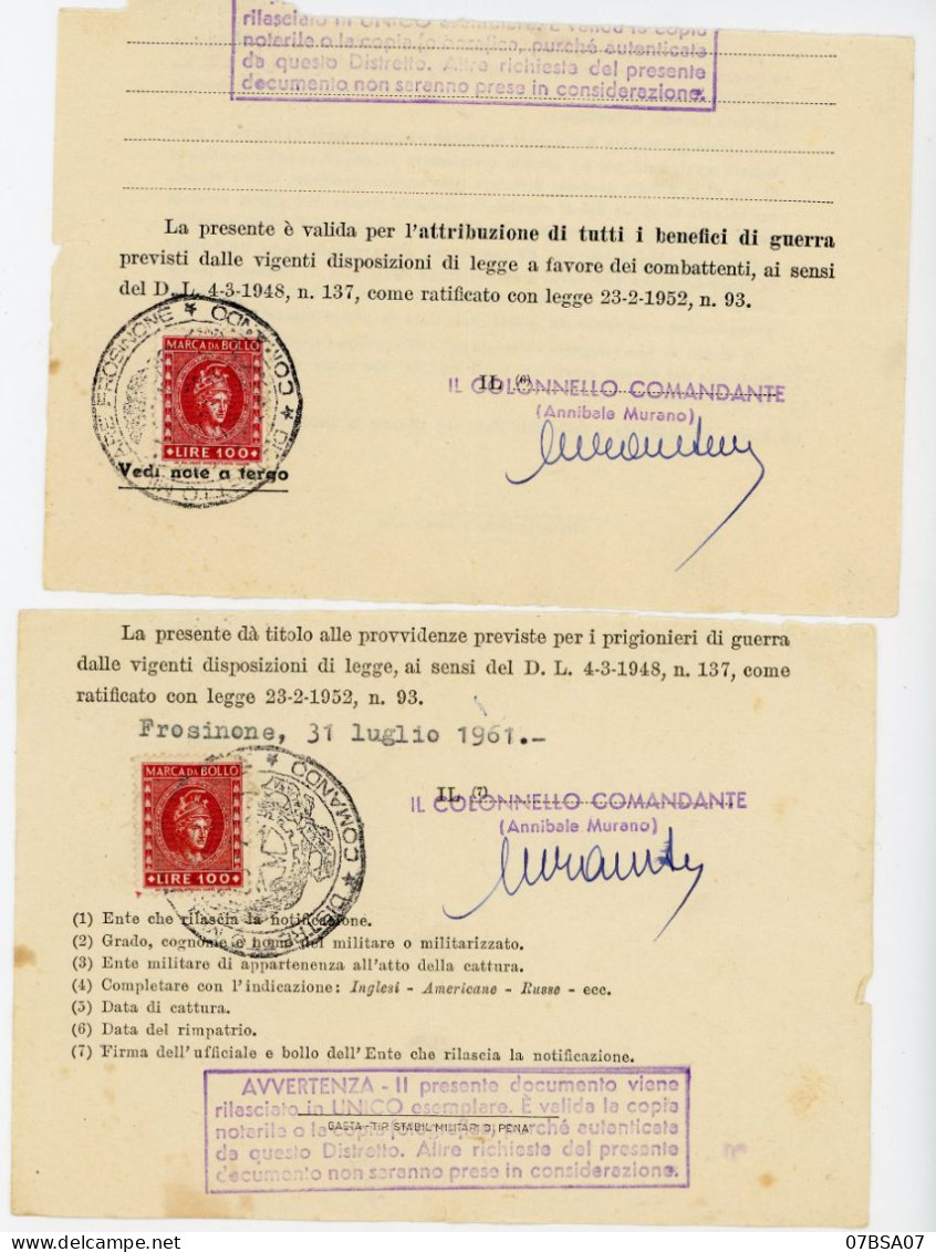 ITALIE 1961 2x DOCUMENTS AVEC MARCA DA BOLLO DE100 LIRES DE FROSINONE - 1961-70: Marcophilia