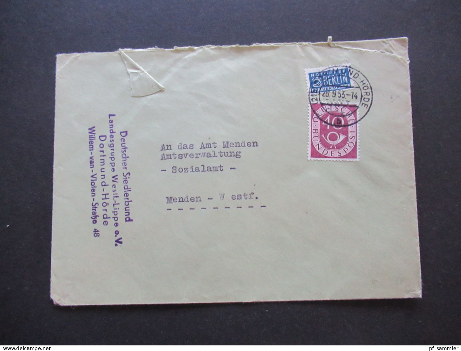 BRD 1953 Posthorn Nr.133 EF Tagesstempel Dortmund Hörde Abs.Stp. Deutscher Siedlerbund Landesgruppe Westf. Lippe Dortmun - Lettres & Documents