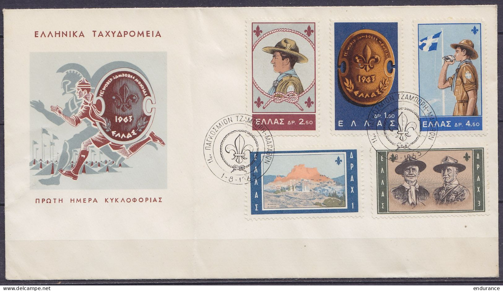 Grèce - FDC Scoutisme 1963 (pli Vertical Léger Au Centre) - Brieven En Documenten