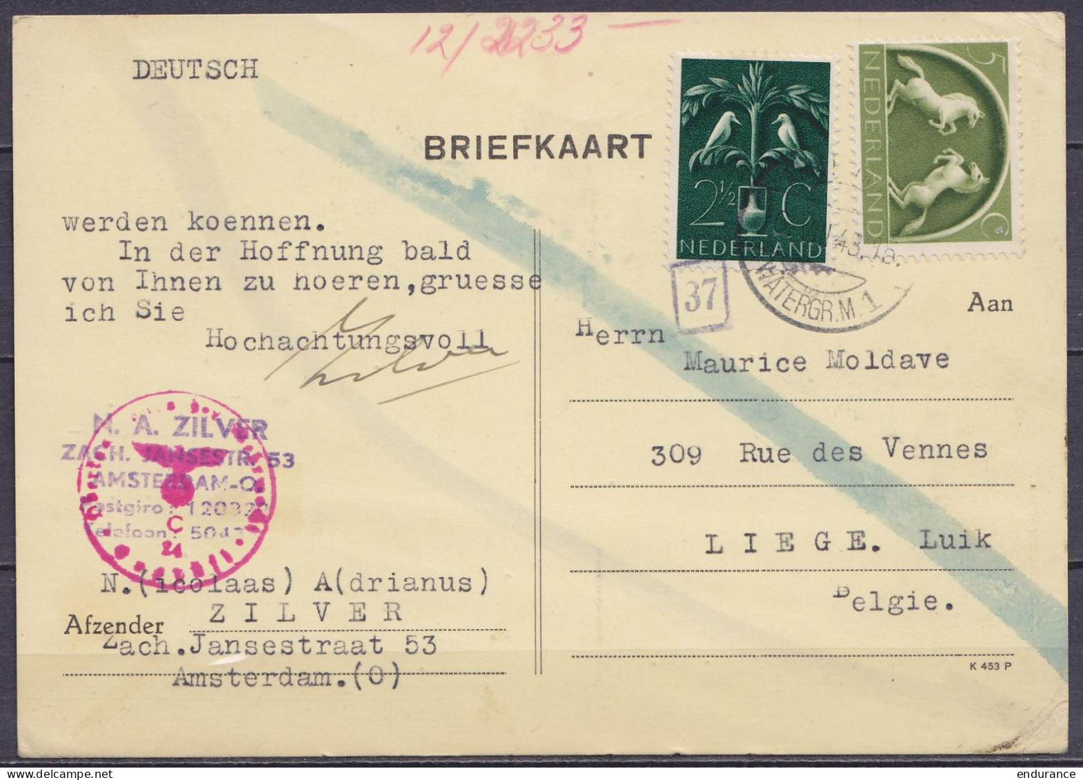 Pays-Bas - CP Briefkaart Affr.7½c Càpt AMSTERDAM /6.VIII.1943 Pour Philatéliste à LIEGE - Cachet Censure Allemande - Covers & Documents