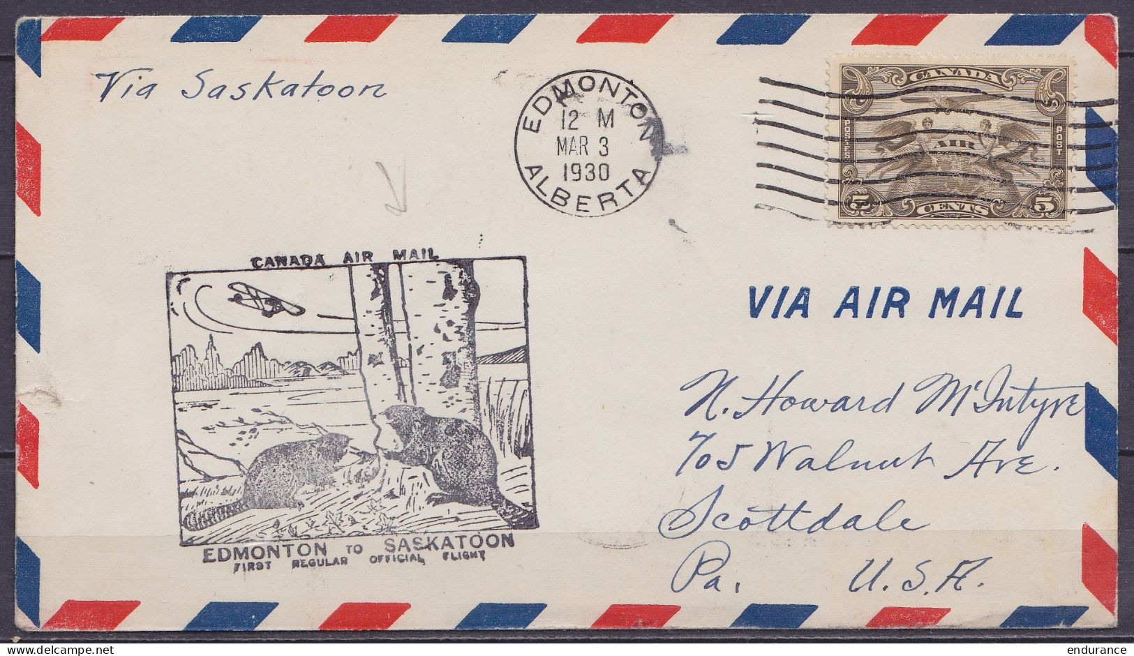 Canada - Env. Par Avion Affr. 5c Poste Aérienne Flam. "EDMONTON /MAR 3 1930/ ALBERTA" Pour SCOTTDALE Pa. USA - Cachet Il - Airmail