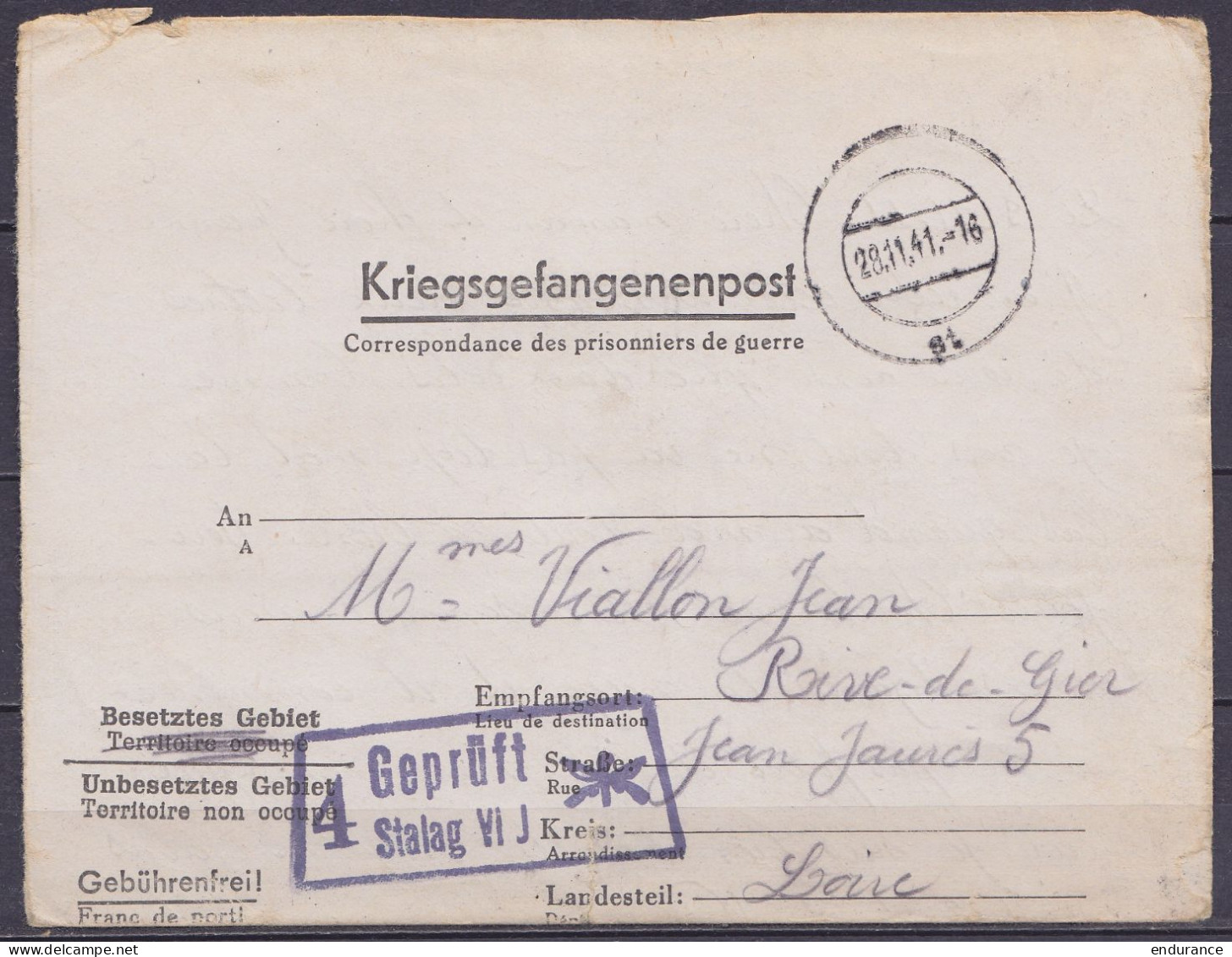 Allemagne - Courrier De Prisonnier Kriegsgefangenenpost En Franchise Càpt Muet 28.11.1941 Pour RIVE-DE-GIER Loire - Cach - Cartas & Documentos