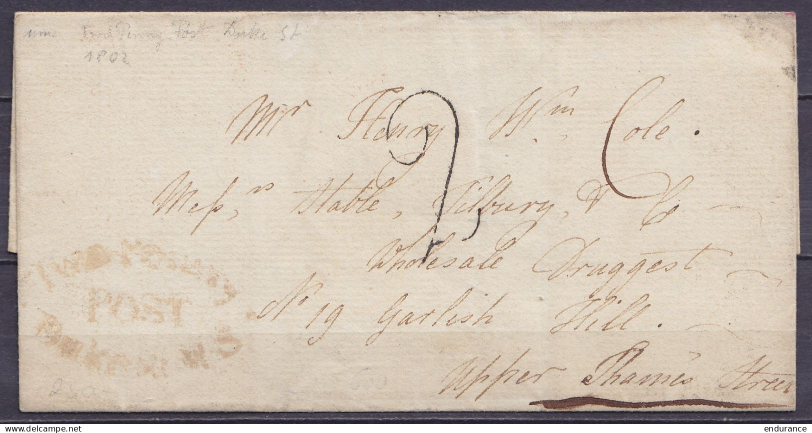 LSC (sans Contenu) Datée 3 Avril 1802 De LONDON Pour " Upper Thames Street" - Port "2" Au Tampon (au Dos: Cachet "2 O'cl - ...-1840 Prephilately