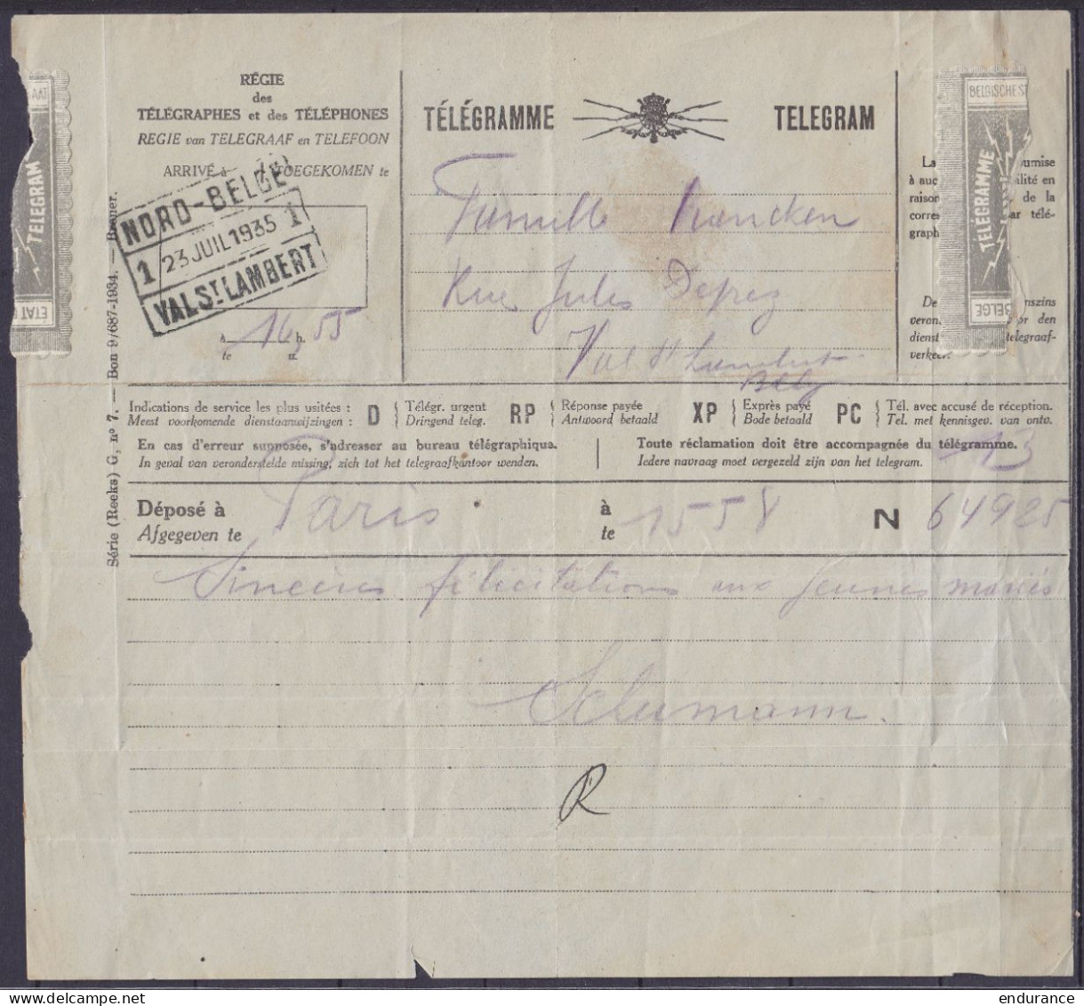 Télégramme Déposé à PARIS Pour Val-Saint-Lambert - Càd Chemin De Fer Privé [NORD-BELGE /23 JUIL 1935/ VAL St-LAMBERT] - Télégrammes