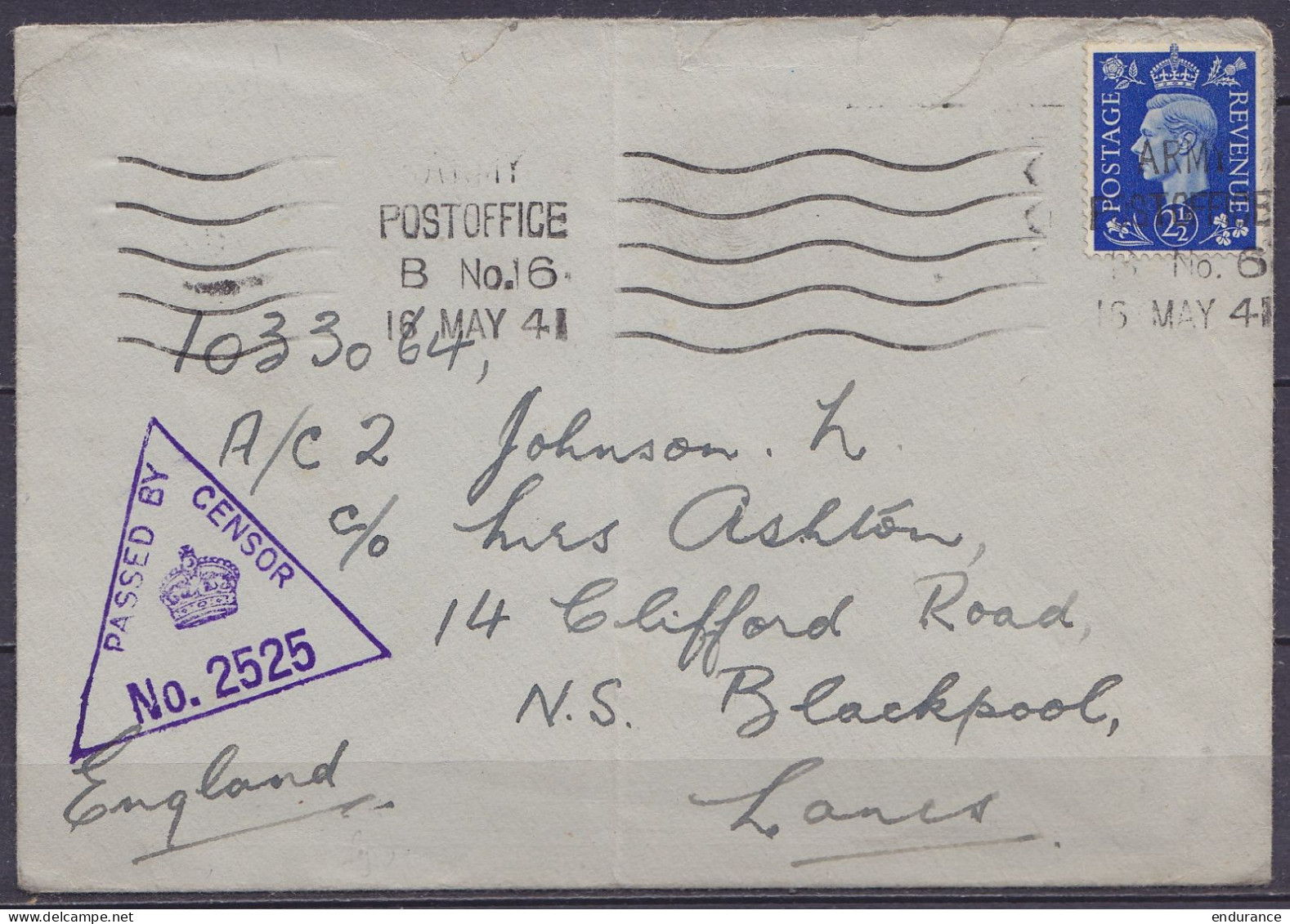 Env. Affr.2½d Flam. "ARMY POST OFFICE /B N°.16 /16 MAY 1941" (Belfast Irlande) Pour BLACKPOOL - Lettres & Documents