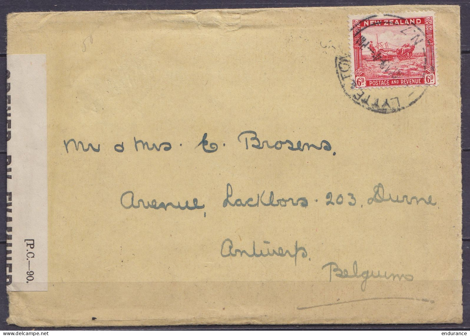 Nouvelle Zélande - Env. Affr. 6d Càd LYTTELTON /MAY 15 1945 Pour ANTWERP (Anvers) Belgium - Bande Et Cachet Censure (au  - Guerre 40-45 (Lettres & Documents)