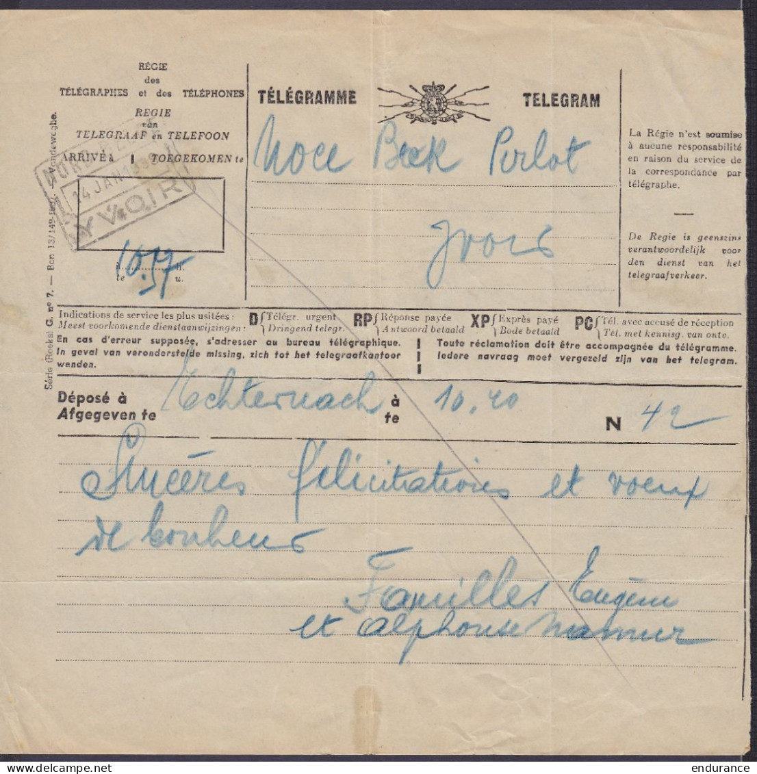 Télégramme Déposé à ECHTERNACH Luxembourg Pour Yvoir - Càd Chemin De Fer Privé [NORD-BELGE /14 JAN 1939/ YVOIR] - Télégrammes