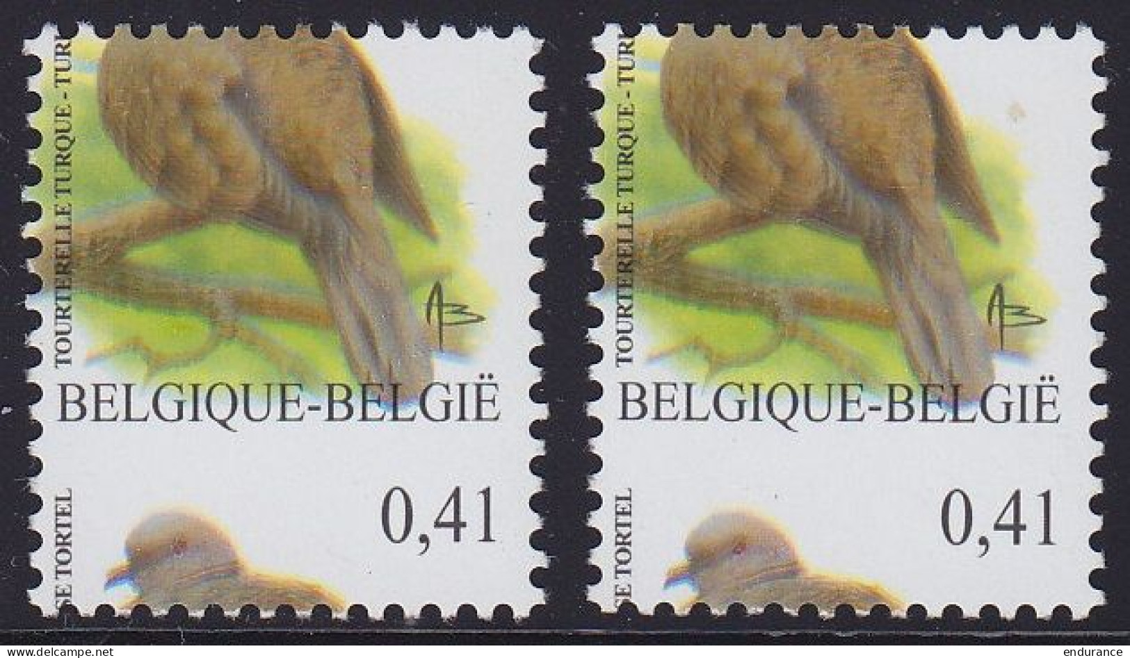 N°3135 ** Oiseau De Buzin 0,41€ Tourterelle Turque - 2x Curiosités : Double Impression, Curiosités De Couleur Et Piquage - 1985-.. Oiseaux (Buzin)