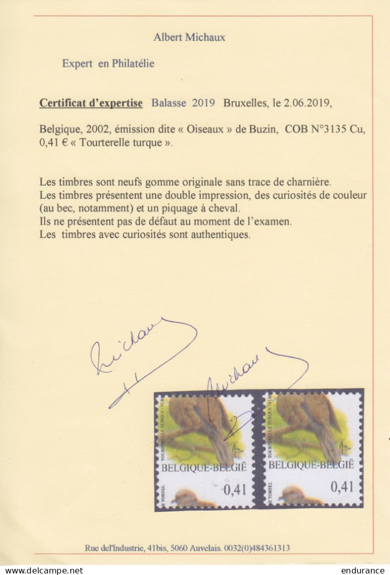 N°3135 ** Oiseau De Buzin 0,41€ Tourterelle Turque - 2x Curiosités : Double Impression, Curiosités De Couleur Et Piquage - 1985-.. Birds (Buzin)
