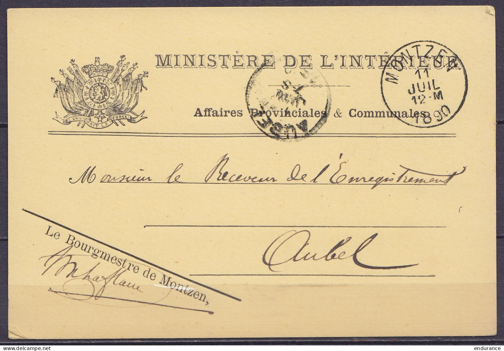 EP CP "Ministère De Intérieur" En Franchise Càd MONTZEN /11 JUIL 1890 Pour AUBEL - Càd Arrivée AUBEL - 1869-1888 Lion Couché