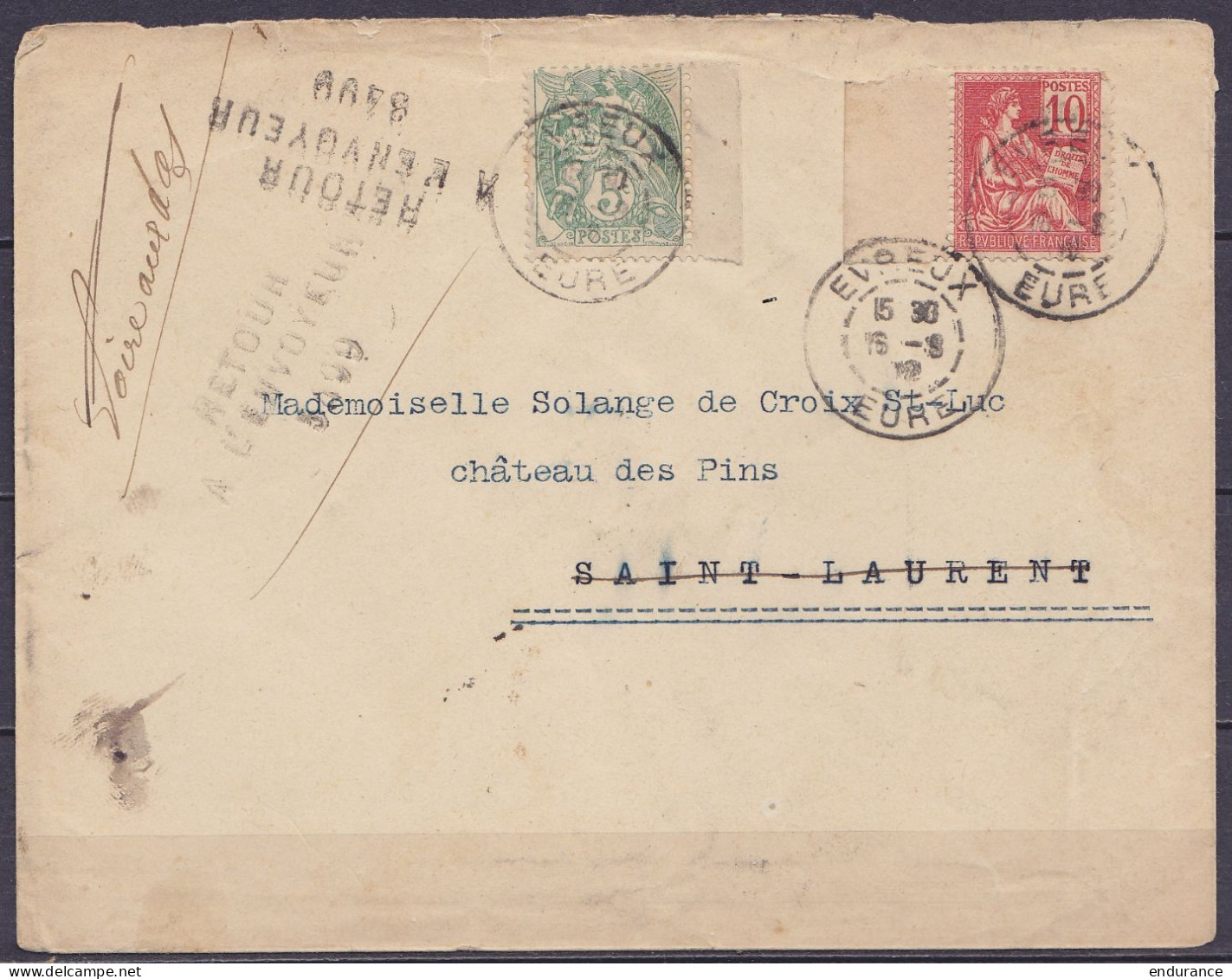 Env. Affr. N°111+116 Càd EVREUX /16-8-1902 Pour Château Des Pins à SAINT-LAURENT - "RETOUR A L'ENVOYEUR" (au Dos: Càd SA - 1900-29 Blanc