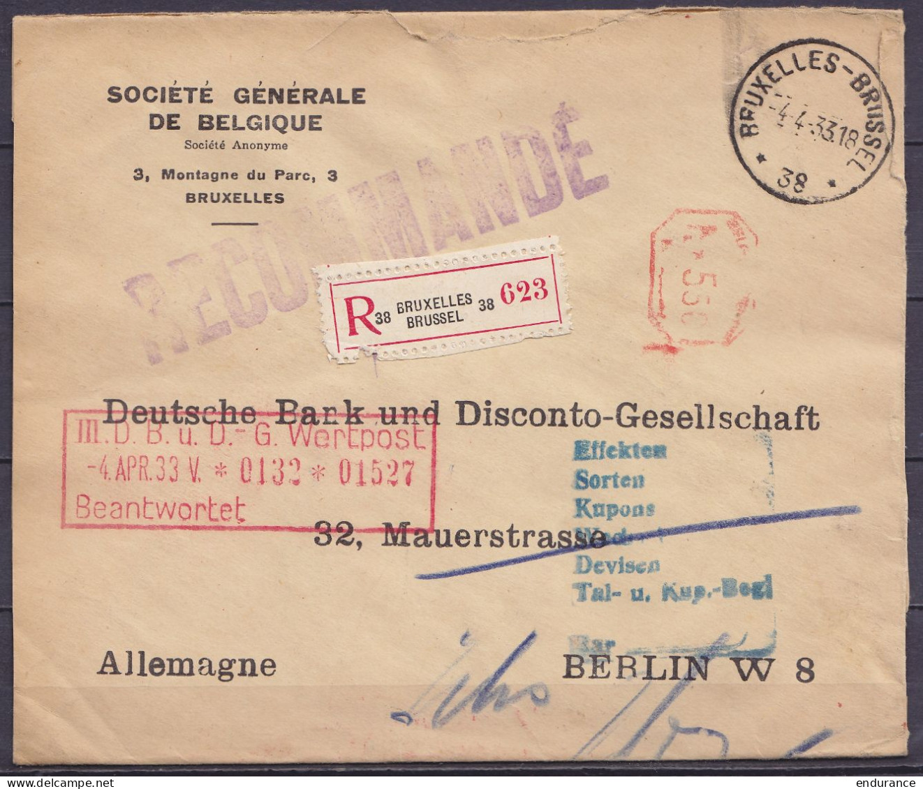 Env. "Société Générale De Belgique" Affr. Mécanique 5f50 Càd Agence BRUXELLES-BRUSSEL /-4-4-1933/ *38* En Recommandé Pou - Covers & Documents