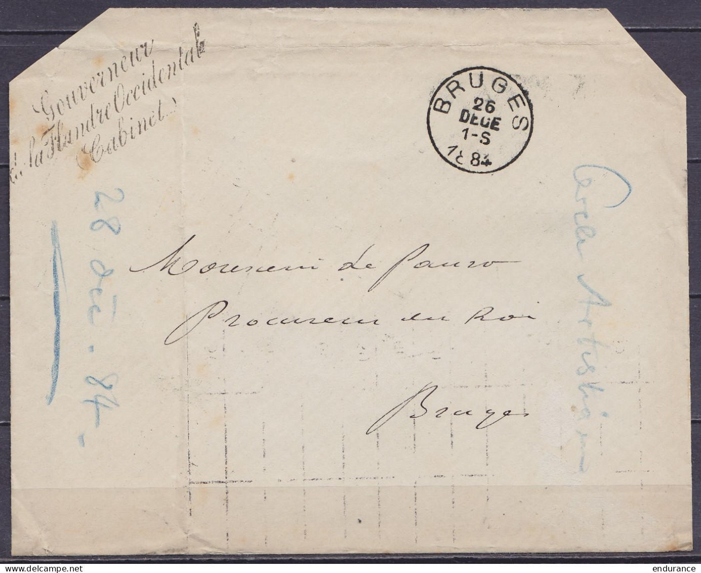 Env. En Franchise Càd BRUGES /26 DECE 1884 Pour E/V - Cachet "Gouverneur De La Flandre Occidental - Cabinet" (coins Spér - 1869-1883 Leopold II