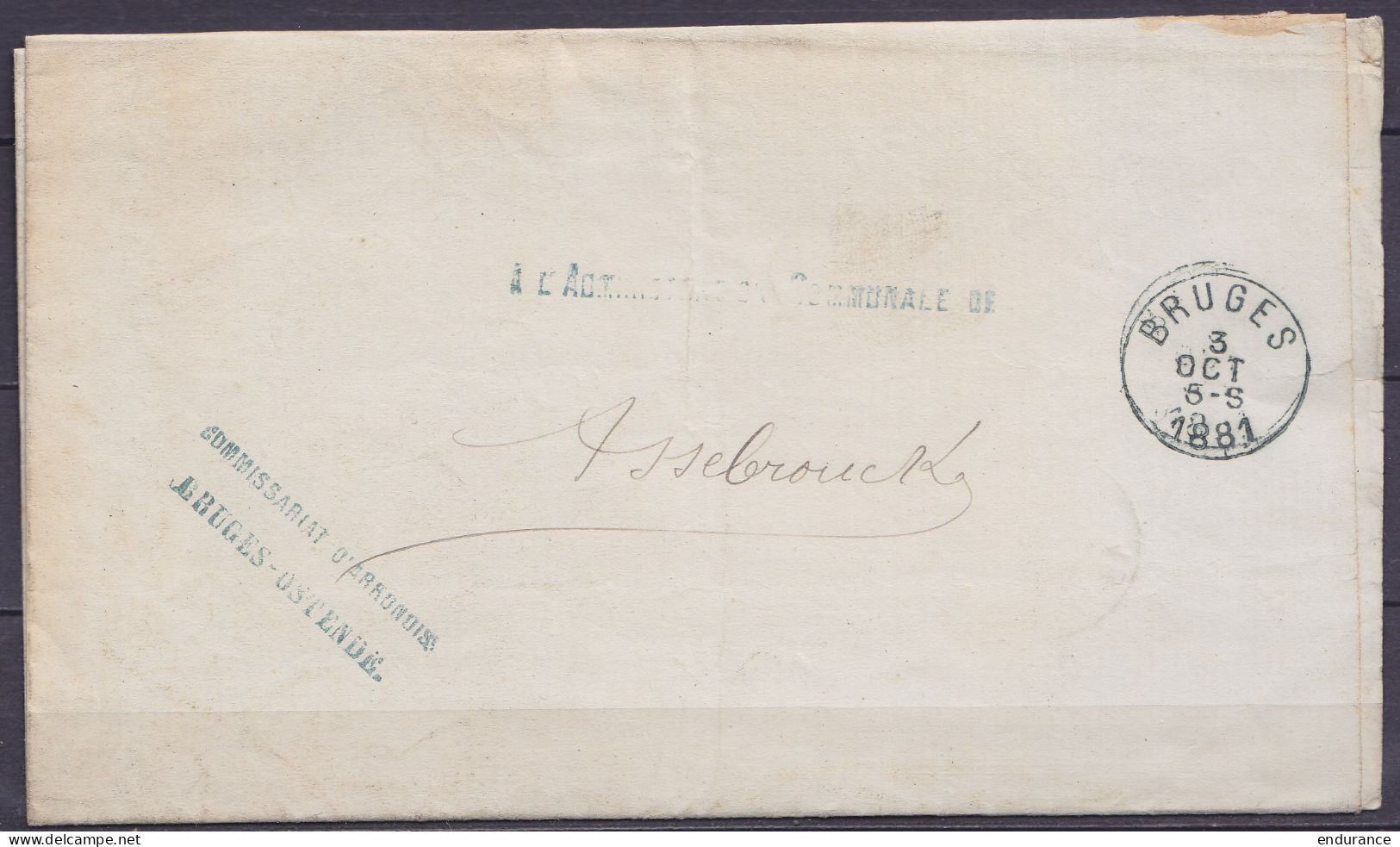 Imprimé "Commissariat De L'arrondissement De Bruges Ostende" En Franchise Càd BRUGES /3 OCT 1881 Pour ASSEBROEK - 1869-1888 Lion Couché (Liegender Löwe)