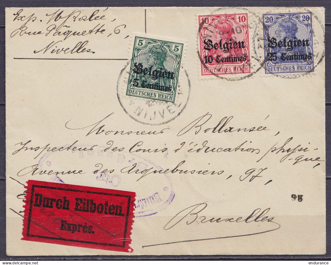 Env. En Exprès Affr. OC2+OC3+OC4 Càd NIVELLES /19 VIII 1915 Pour BRUXELLES - Cachet Censure "Militärische Überwachungsst - OC1/25 Gobierno General