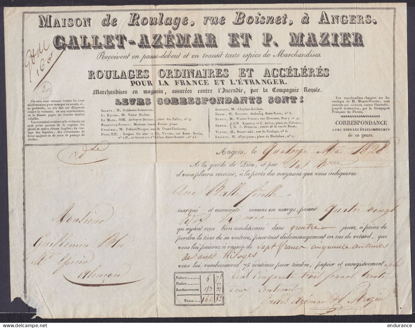 Lettre De Voiture "Maison De Roulage Callet-Azémar & Mazier" Angers Datée 14 Mai 1828 Pour L'envoi D'une Balle De Ficell - Textile & Clothing
