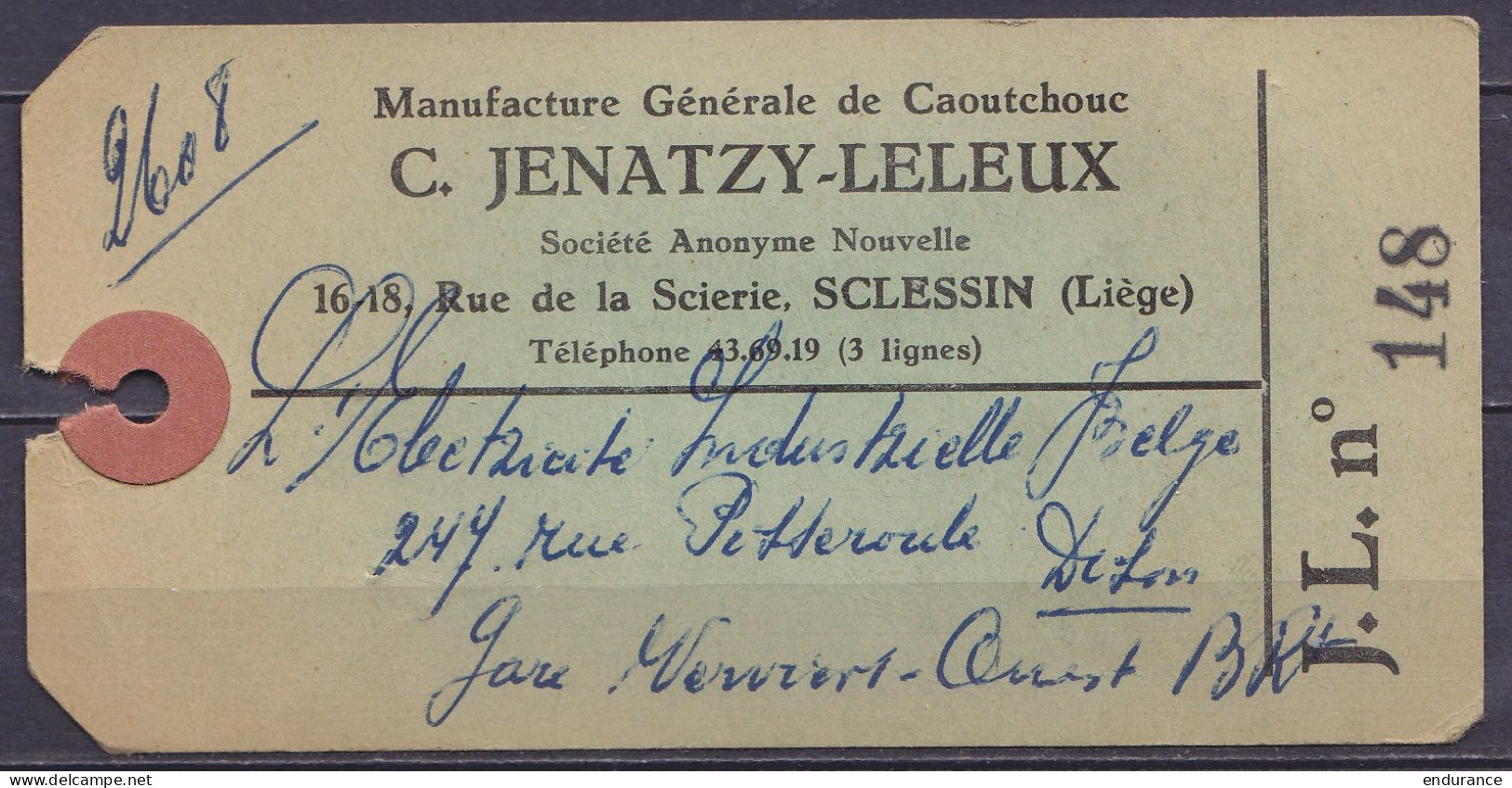 Etiquette De Sac "Manufacture De Caoutchouc Jenatzy-Leleux" Recommandé Affr. N°847+909+910 Càd SCLESSIN /-3-3-1953 Pour  - 1936-1951 Poortman