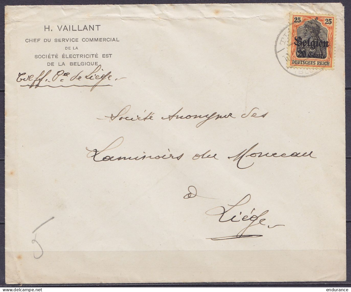 Env. "Société Electricité Est De La Belgique" Affr. OC17 Càpt TILFF /10.??.1918 Pour LIEGE - OC1/25 Generalgouvernement 