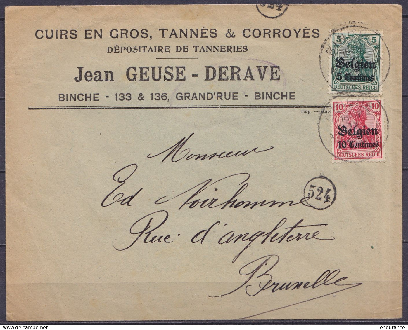 Env. "tanneur Jean Geuse-Derave" Affr. OC2+OC3 Càd BINCHE /18 ? 191? Pour BRUXELLES - OC1/25 Gouvernement Général