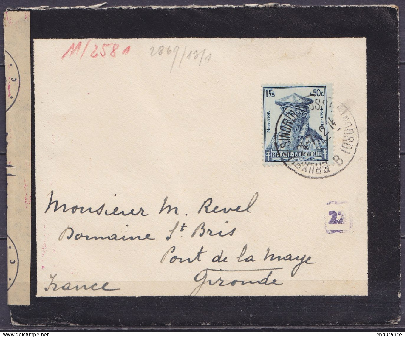 Env. Deuil Affr. N°598 Càd BRUXELLES (NORD) - BRUSSEL (NOORD) /27-7-1942 Pour PONT DE LA MAYE (Villenave-d'Ornon) - Band - Briefe U. Dokumente