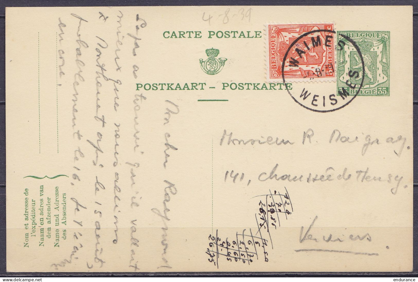 EP CP Trilingue 35c Vert (type N°425) + N°419 Càd WAIMES /-4-8-1939/ WEIMES Pour VERVIERS - Postkarten 1934-1951