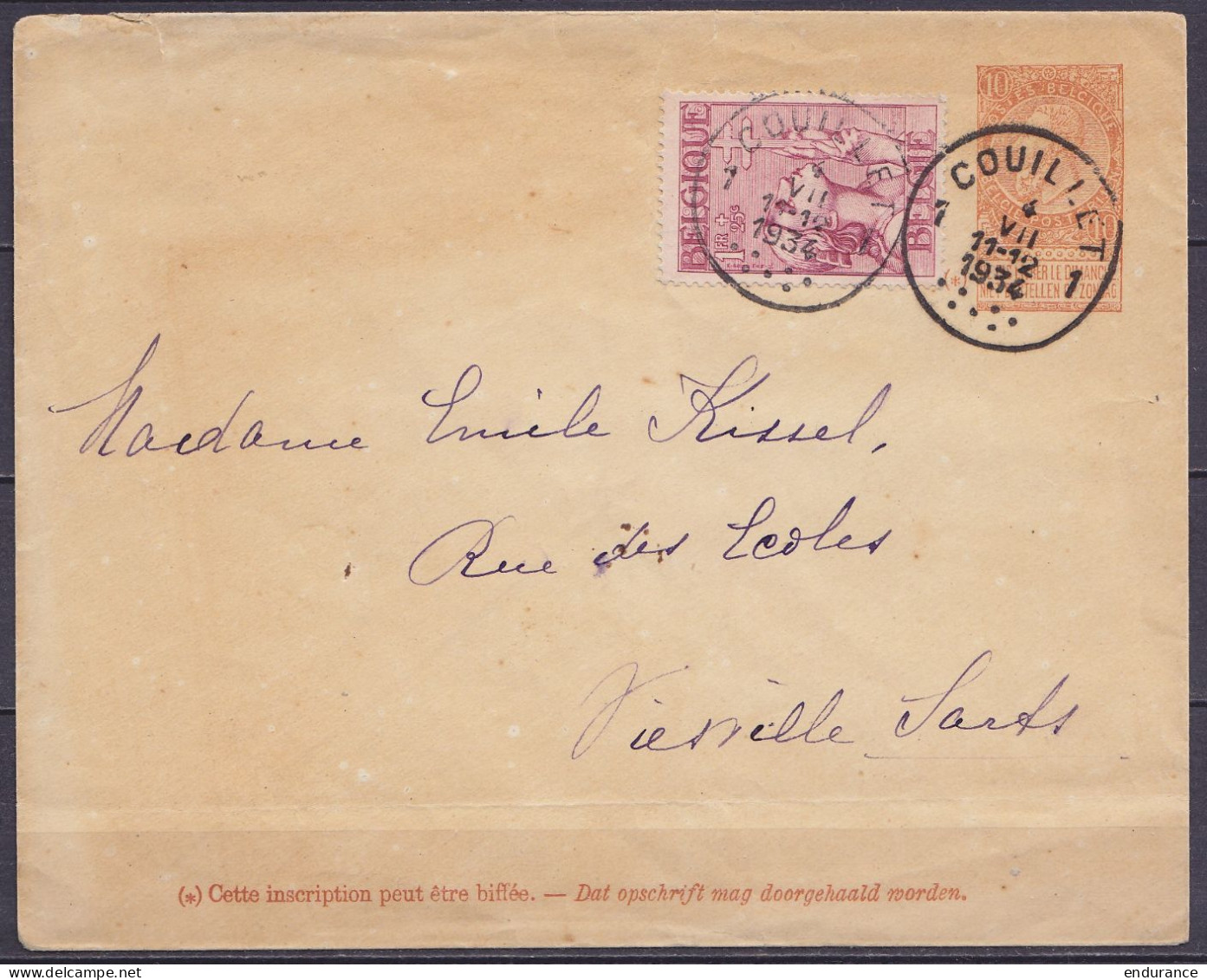 EP Enveloppe 10c Rouge-brun (type N°57) + N°381 (Croix De Lorraine) Càd COUILLET /4 VII 1934 Pour VIESVILLE SARTS (Pont- - Buste
