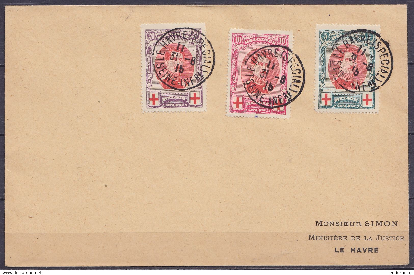 Env. Affr. N°132/34 Càd LE HAVRE (SPECIAL) /31-8-1915 Pour E/V - 1914-1915 Rode Kruis