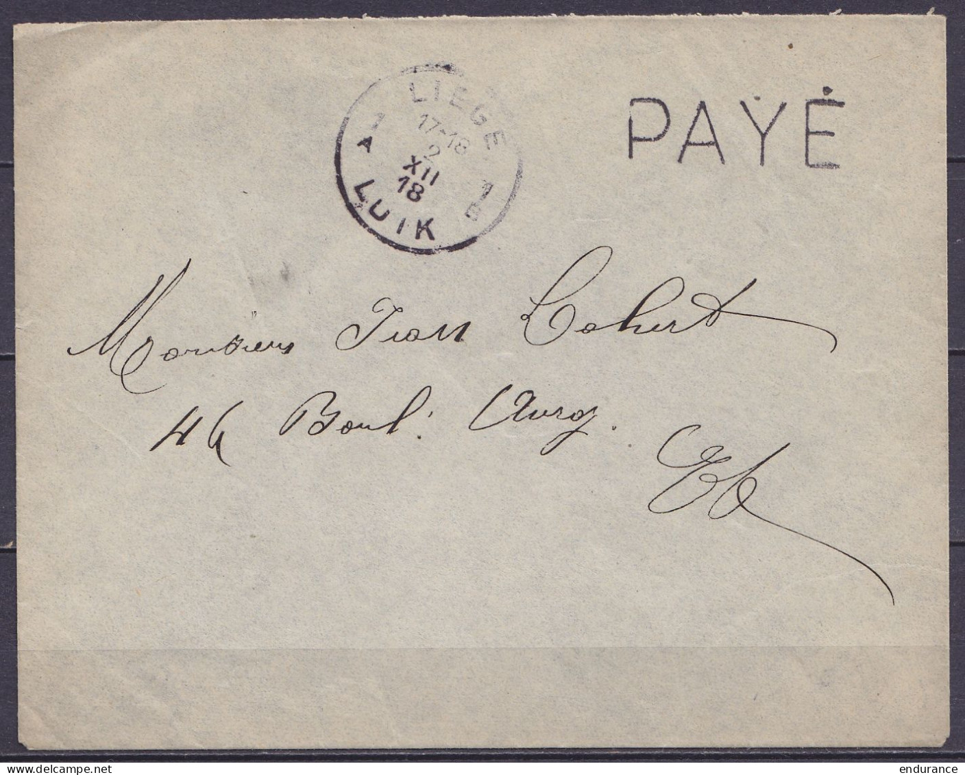 Env. Fortune Càd LIEGE /2 XII 1918/ LUIK Port Payé Pour E/V - Fortune Cancels (1919)