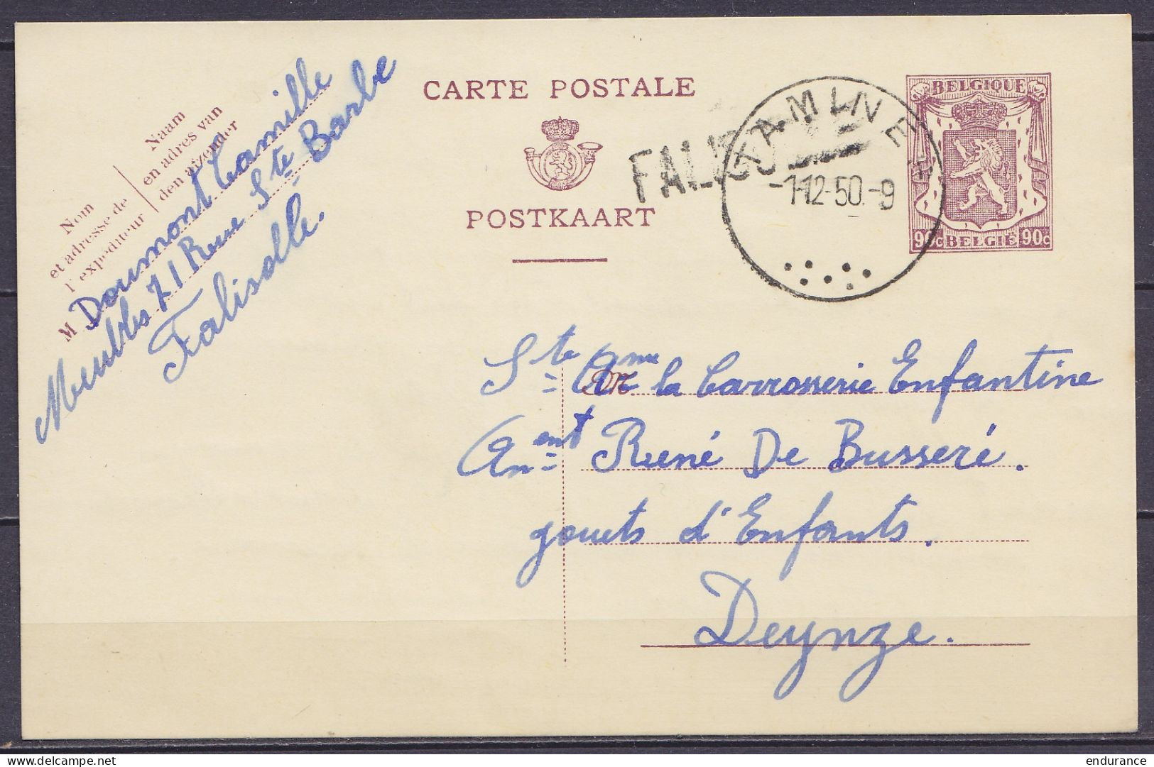 EP CP 90c Violet (type N°714) Càd TAMINES /1-12-1950 Pour DEYNZE - Griffe "FALISOLLE" - Cartes Postales 1934-1951