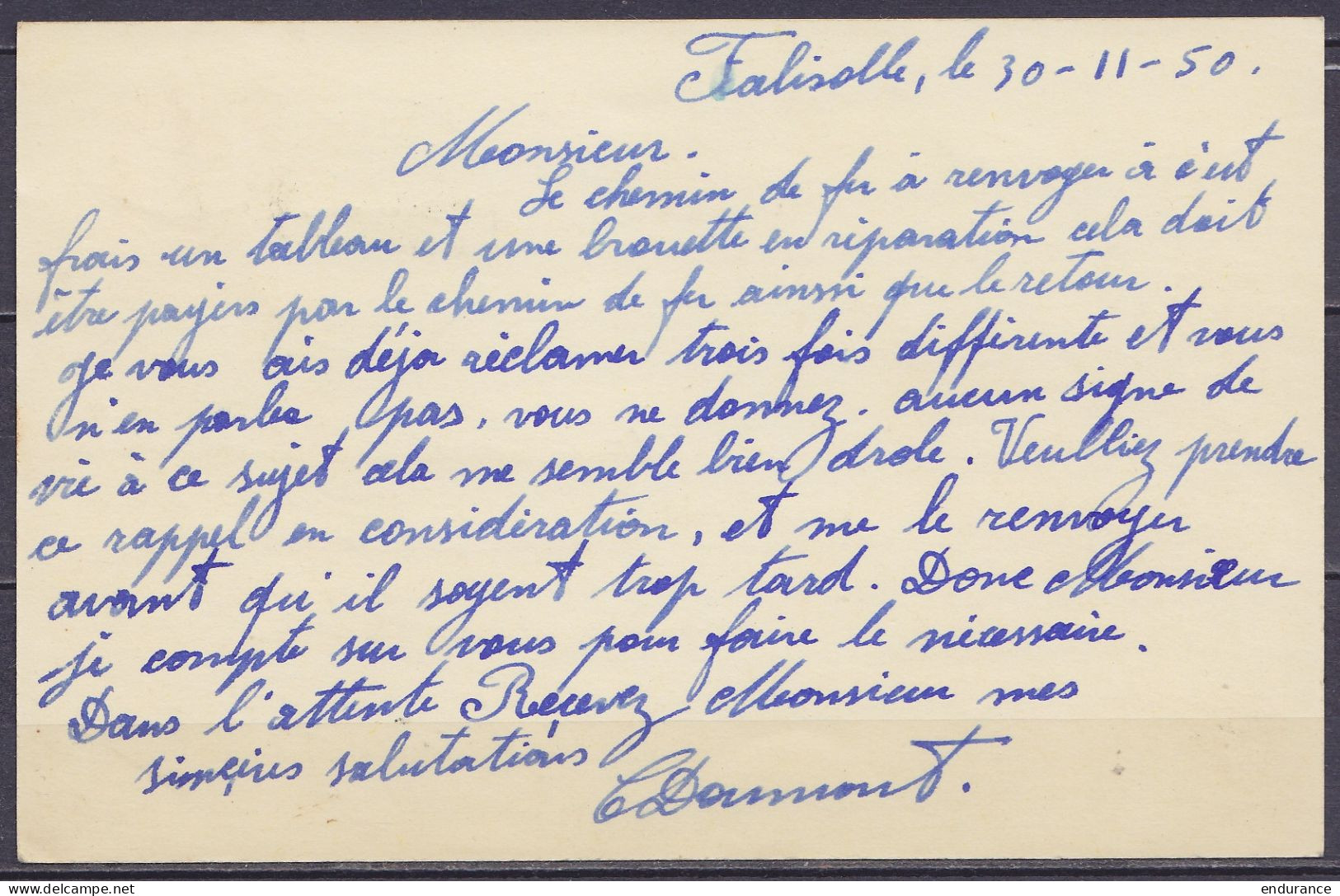 EP CP 90c Violet (type N°714) Càd TAMINES /1-12-1950 Pour DEYNZE - Griffe "FALISOLLE" - Postkarten 1934-1951