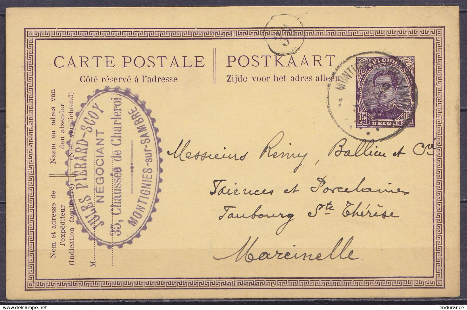 EP CP 25c Albert I Violet (type N°139) Càd MONTIGNIES-SUR-SAMBRE /26 I 1922 Pour MARCINELLE - Entier Repiqué "SAMVA" - Cartes Postales 1909-1934