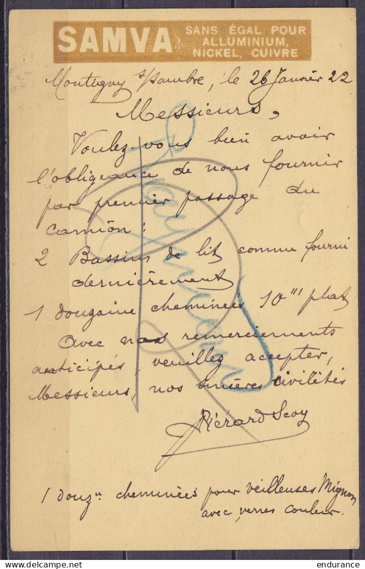 EP CP 25c Albert I Violet (type N°139) Càd MONTIGNIES-SUR-SAMBRE /26 I 1922 Pour MARCINELLE - Entier Repiqué "SAMVA" - Postkarten 1909-1934