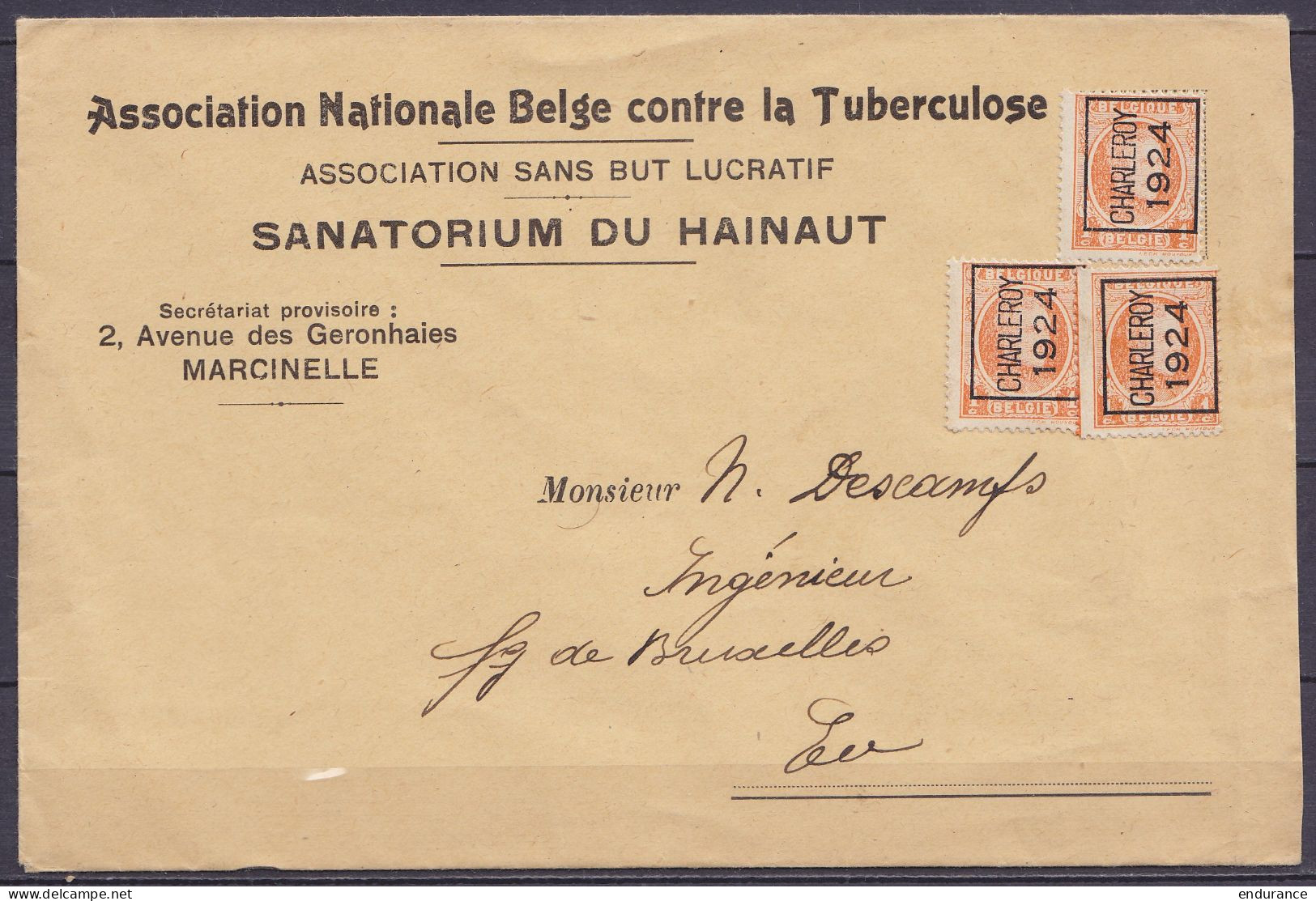 Env. "Association … Contre La Tuberculose / Sanatorium Du Hainanut" Affr. 3x PREO 1c Houyoux Surch. [CHARLEOY / 1924] Po - Typografisch 1922-31 (Houyoux)