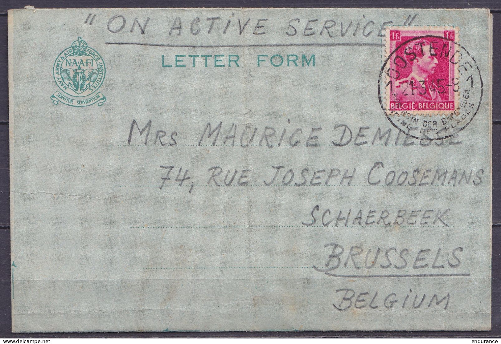 Aérogramme "Navy Army & Air Force Institutes"" Letter Form" Posté En Mer Affr. N°528 Càd OOSTENDE /21-3-1945" D'un Milit - Guerra '40-'45 (Storia Postale)