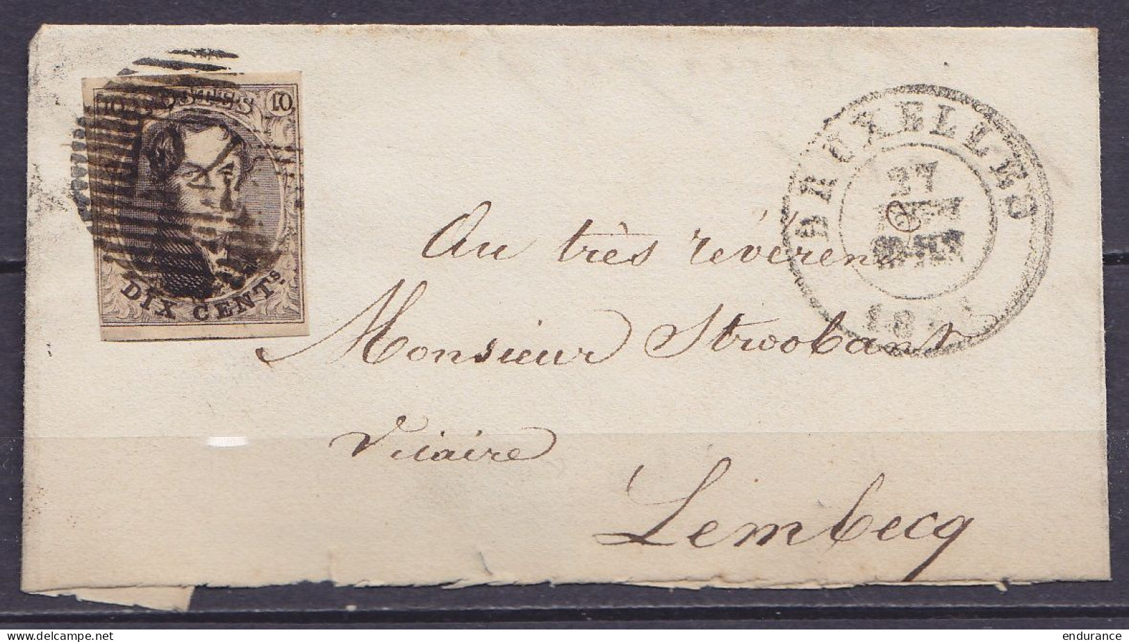 LSC (sans Texre) Affr. N°6 Càd Noir (rare !) BRUXELLES /27 Août 185? Pour Vicaire à LEMBECQ - 1851-1857 Medaillen (6/8)