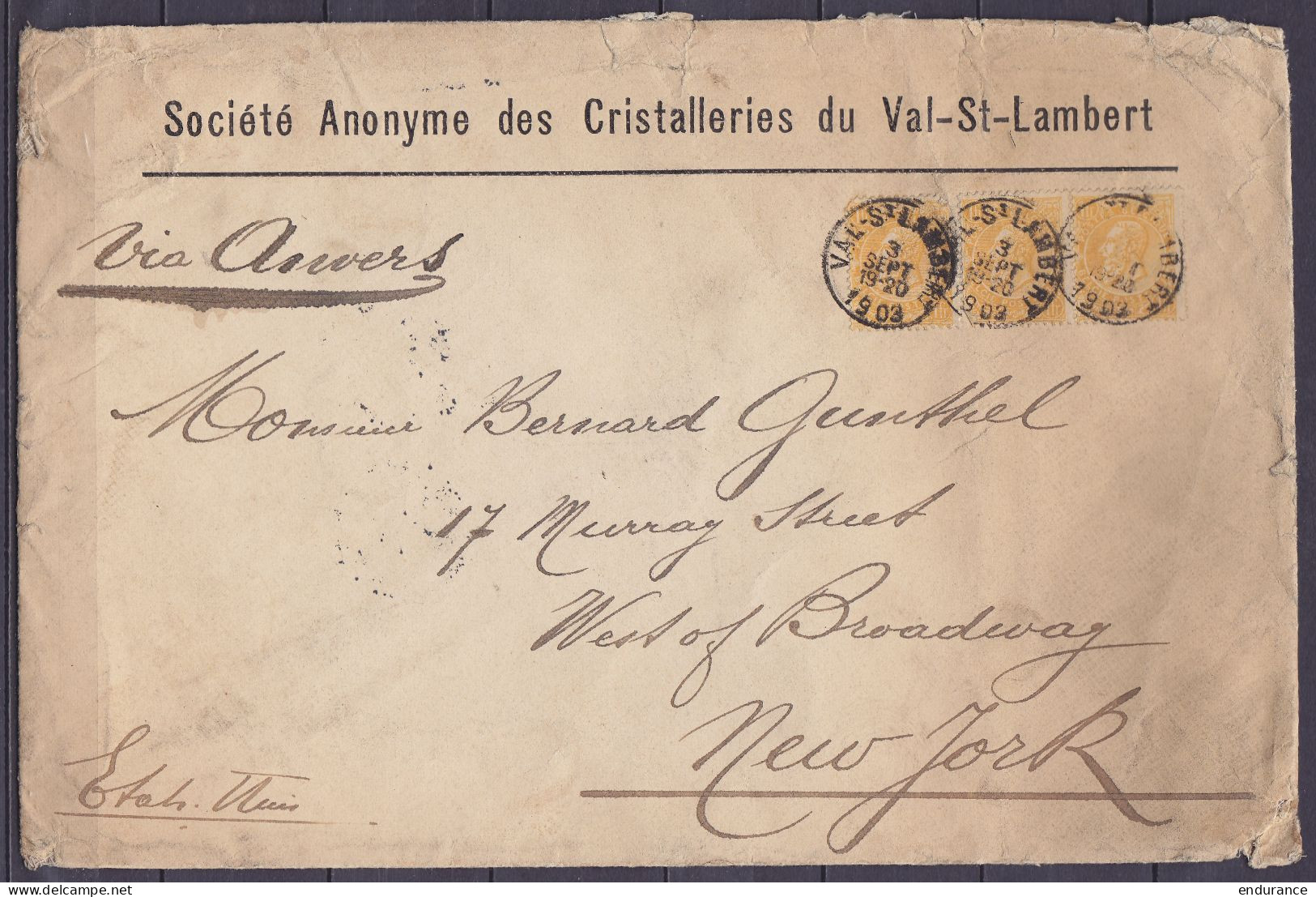 Grande Env. "Société Anonyme Des Cristallerie Du Val-St-Lambert" Affr. Bande 3x N°65 Càd VAL-St-LAMBERT /3 SEPT 1903 Pou - 1893-1900 Schmaler Bart