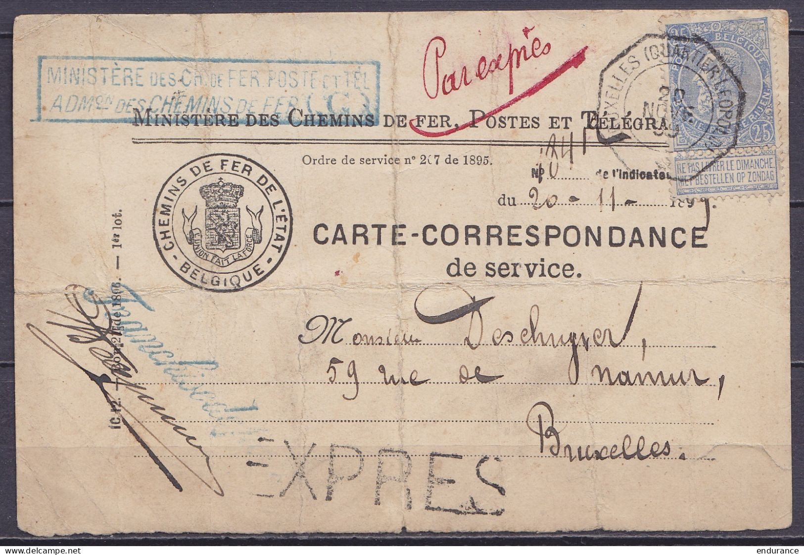 Rare Carte-correpondance De Service En Exprès Affr N°60 (franchise Partielle) Càd Octogon. "BRUXELLES (QUARTIER LEOPOLD) - 1893-1900 Schmaler Bart