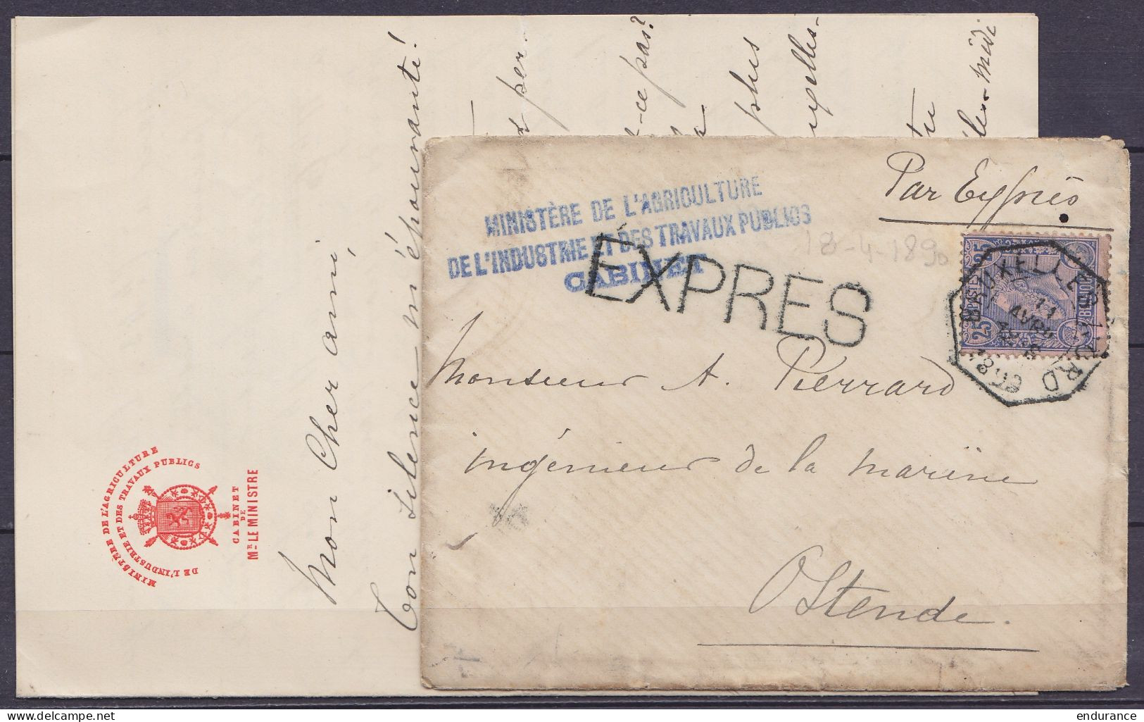 LAC "Ministère De L'Agriculture, De L'Industrie Et Des Travaux Publiques" En Exprès Affr. N°48 (franchise Partielle) Càd - 1884-1891 Leopold II