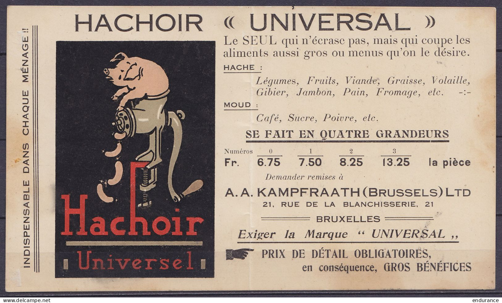 Carte Publicitaire "Hacoir Univresal" (thème Boucherie, Cochon) Imprimé Affr. PREO 1c Pellens Surch. [BRUSSEL /14/ BRUXE - Typos 1912-14 (Löwe)