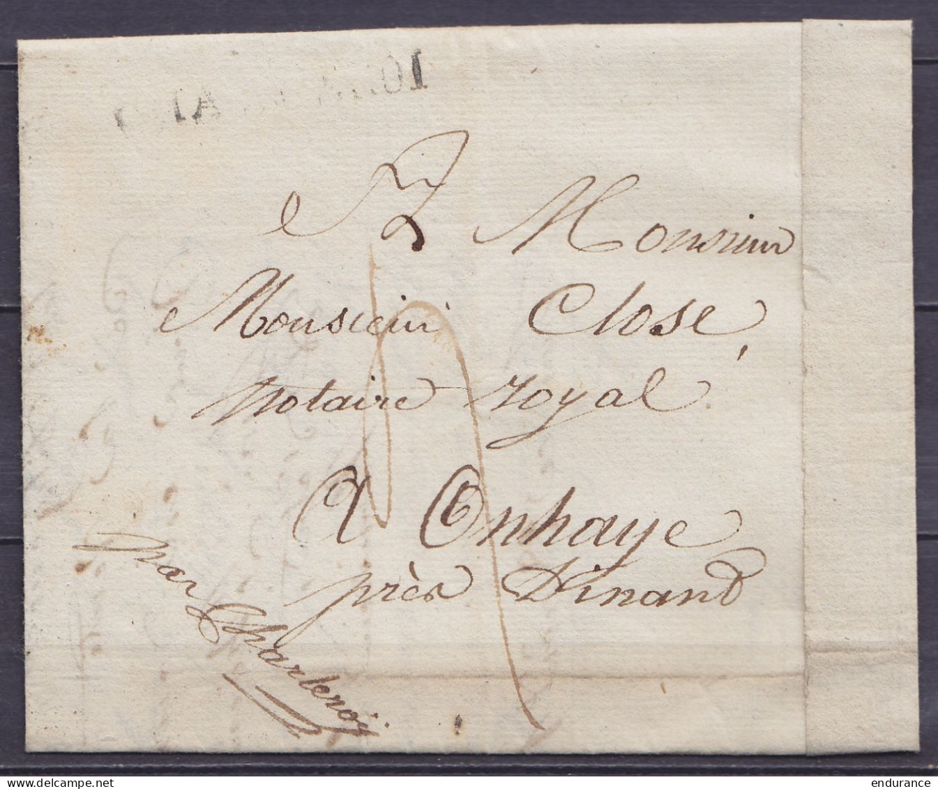 L. Datée 28 Août 1823 De THUIN Pour Notaire Royal à ONHAYE Près Dinant - Griffe "CHARLEROI" & Man. "par Charleroÿ" - Por - 1815-1830 (Periodo Holandes)