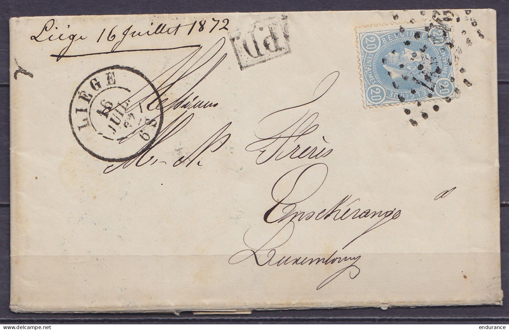 L. Affr. N°31 (bleu De Prusse Pâle) Lpts "217" Càd LIEGE /16 JUIL 1872 Pour ENSCHERANGE Luxembourg - [P.D.] (au Dos: Càd - 1869-1883 Leopold II.