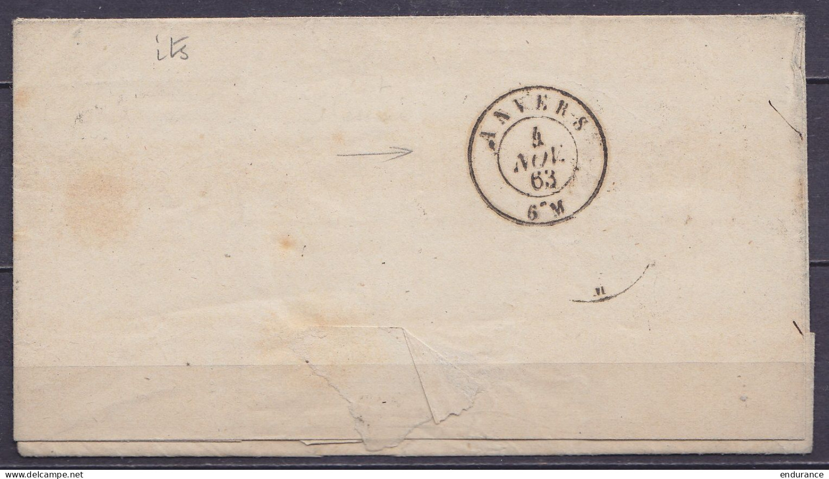 L. Affr. N°15 P133 Càd YPRES /3 NOV 1863 Pour ANVERS (au Dos: Càd Essai Arrivée ANVERS) - 1863-1864 Medaglioni (13/16)