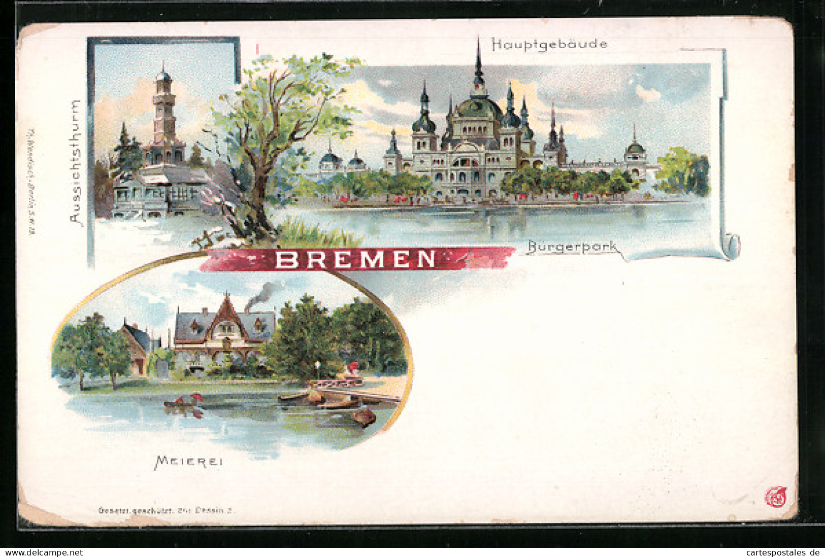 Lithographie Bremen, Aussichtsthurm, Hauptgebäude, Bürgerpark, Meierei  - Bremen