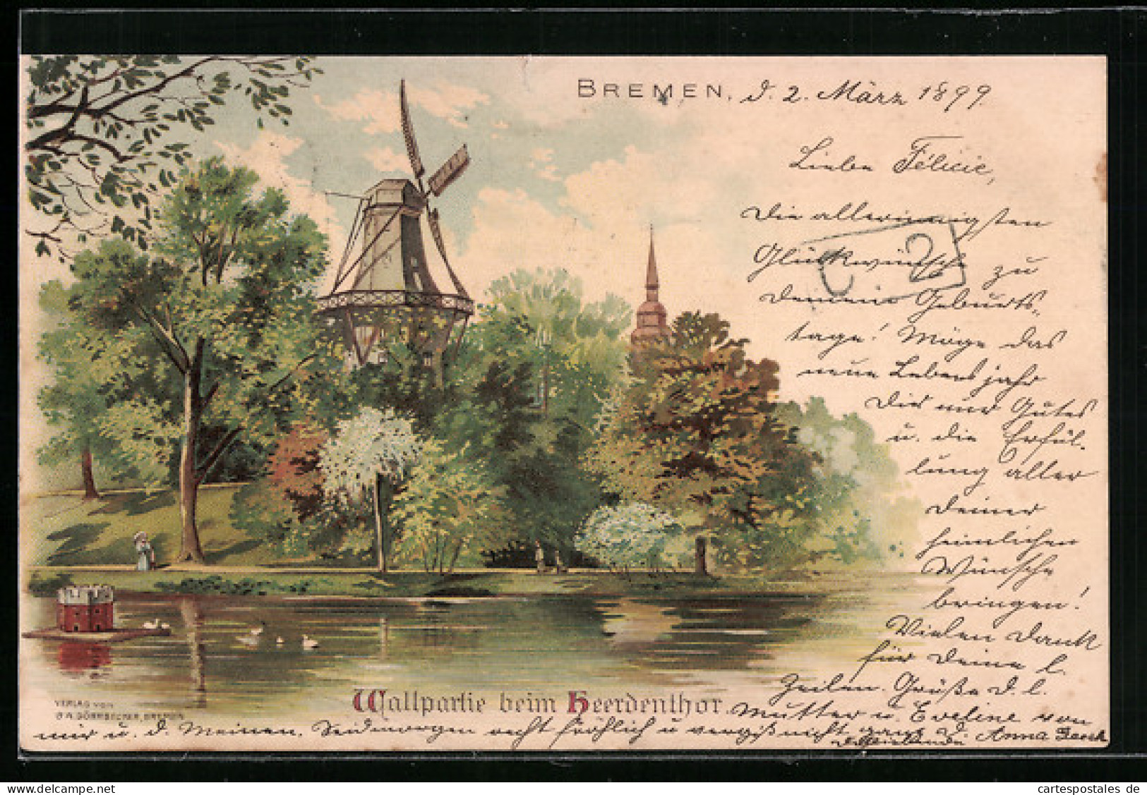 Lithographie Bremen, Wallpartie Mit Mühlen  - Windmills