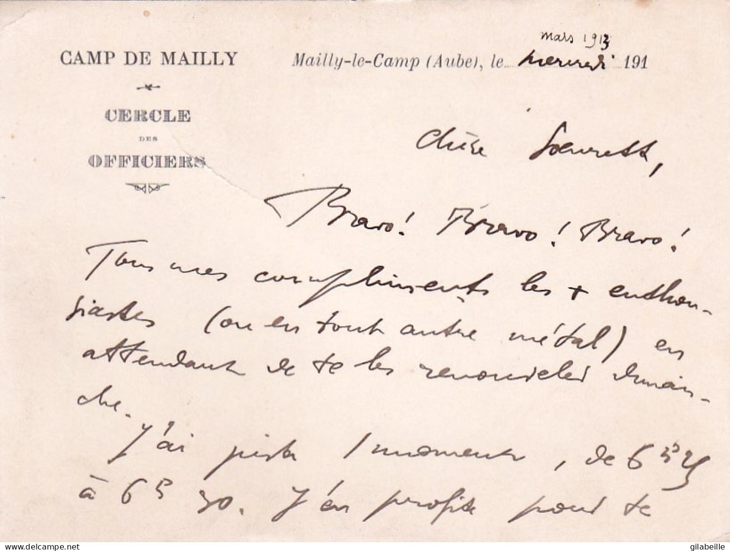 CAMP De MAILLY - Mars 1913 - Carte Du Cercle Des Officiers - Tessere Associative