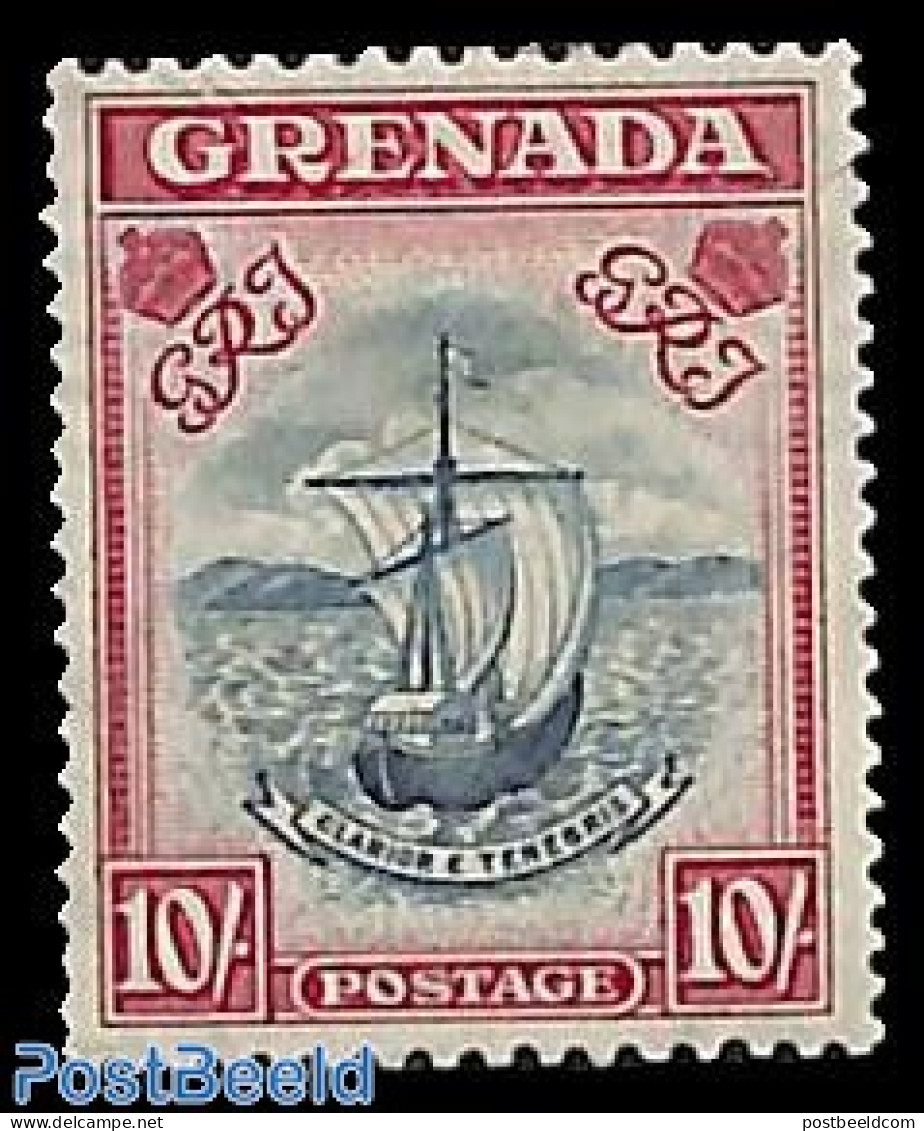 Grenada 1937 10Sh, Carmine/Slate Blue, Perf. 12:13, Unused (hinged), Transport - Ships And Boats - Barcos