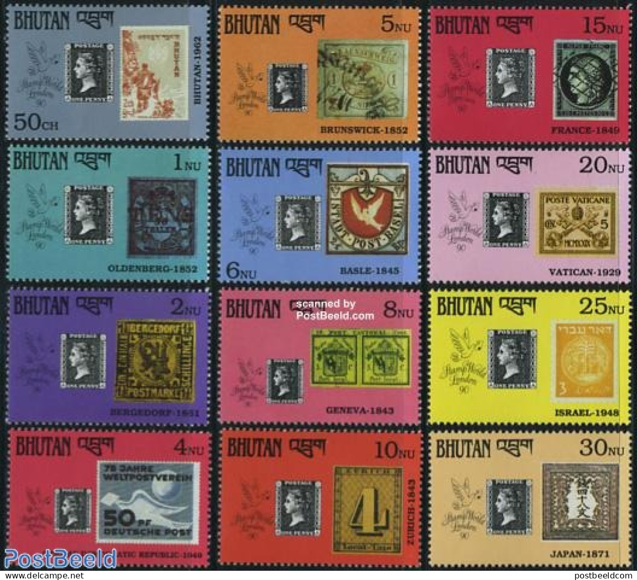 Bhutan 1990 Stamp World London 12v, Mint NH, Stamps On Stamps - Postzegels Op Postzegels