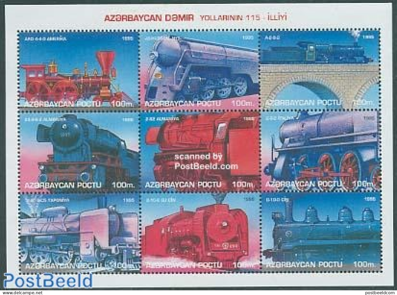 Azerbaijan 1996 Railways 9v M/s, Mint NH, Transport - Railways - Art - Bridges And Tunnels - Trains