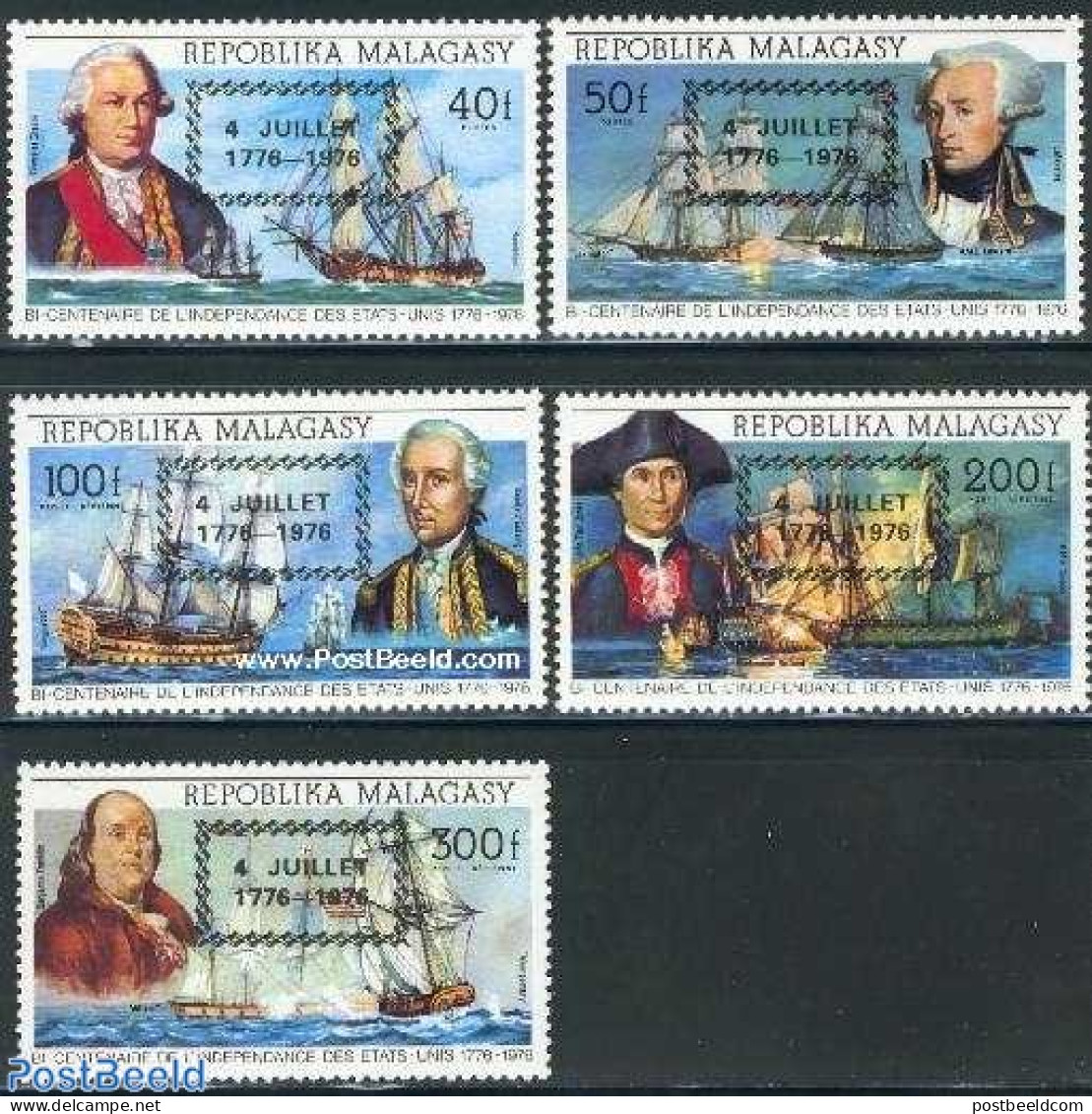 Madagascar 1976 US Independence 5v, Mint NH, History - Transport - US Bicentenary - Ships And Boats - Barche