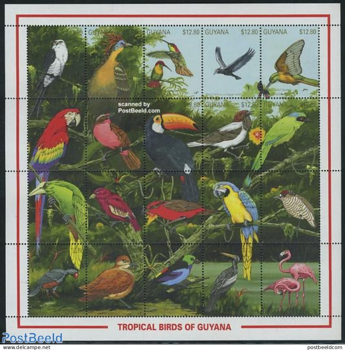 Guyana 1990 Birds 20v M/s, Mint NH, Nature - Birds - Birds Of Prey - Parrots - Flamingo - Hummingbirds - Toucans - Guyana (1966-...)